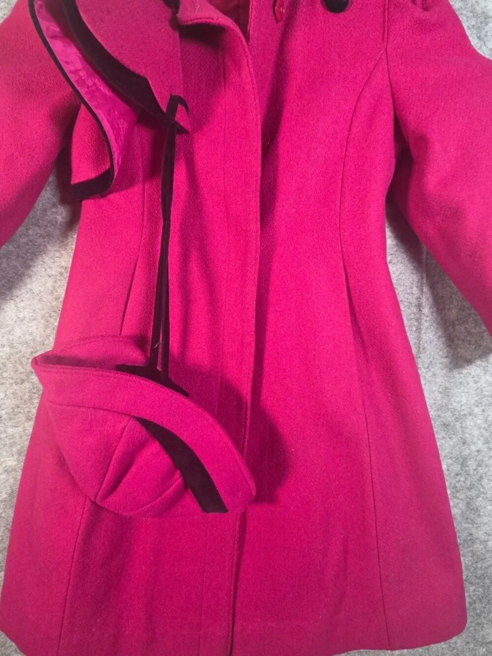 Rothschild Vintage Girls Wool Coat & Bonnet Pink Black Velvet Size M Cottagecore